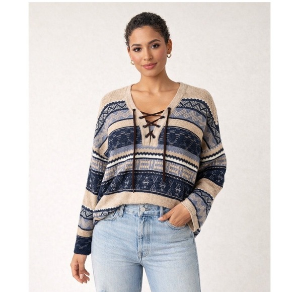 Chaps Sweaters - Chaps Women's Tan Blue‎ Geometric Print Lace Up V Neck Sweater PXL